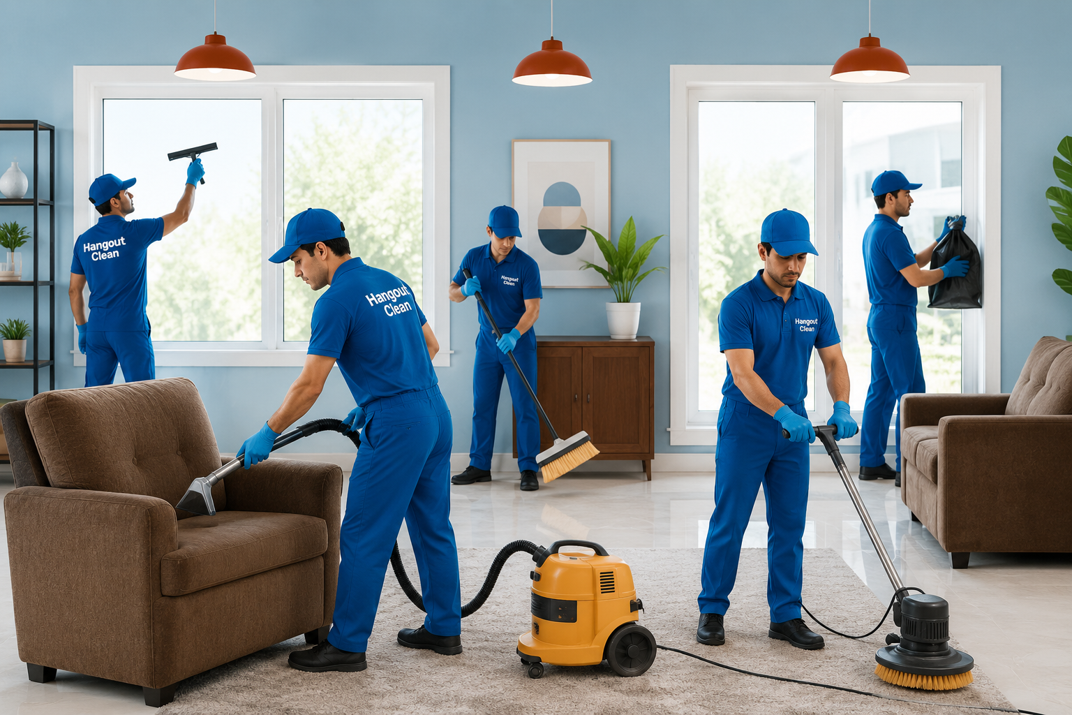 Hangout Clean team in blue uniforms steam cleaning a sofa and carpet in a Multan home